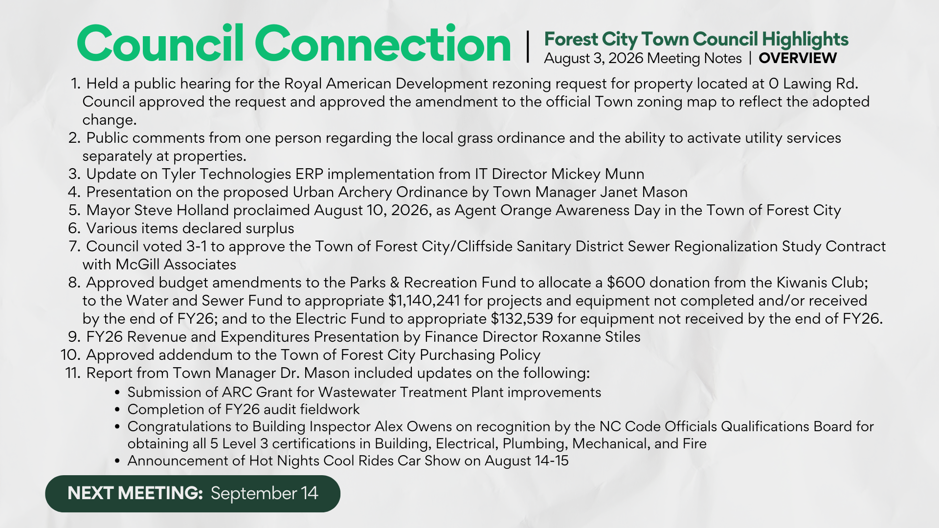Forest City Board of Commissioners Meeting notes August 3, 2026