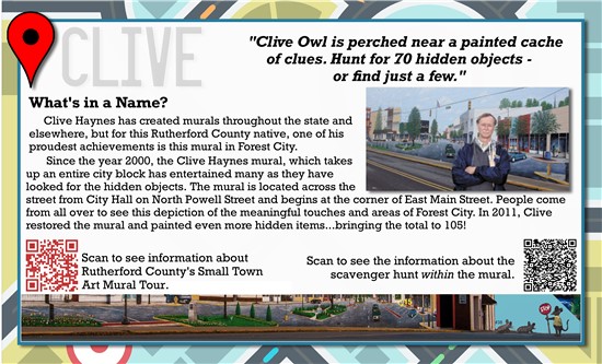 Clive Owl is perched near a painted cache of clues. Hunt for 70 hidden objects or find just a few.   What's in a Name? Clive Haynes has created murals throughout the state and elsewhere, but for this Rutherford County native, one of his proudest achievements in thus mural in Forest City.  Since the year 2000, the Clive Haynes mural, which takes up an entire city block has entertained many as they have looked for the hidden objects. The mural is located across the street from City Hall on North Powell Street and begins at the corner of East Main Street. People come from all over to see this depiction of the meaningful touches and areas of Forest City. In 2011, Clive restored the mural and painted even more hidden items…. Bringing the total to 105!