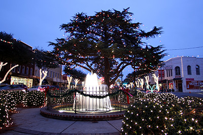 Image of Fountain lit with Christmas Lights